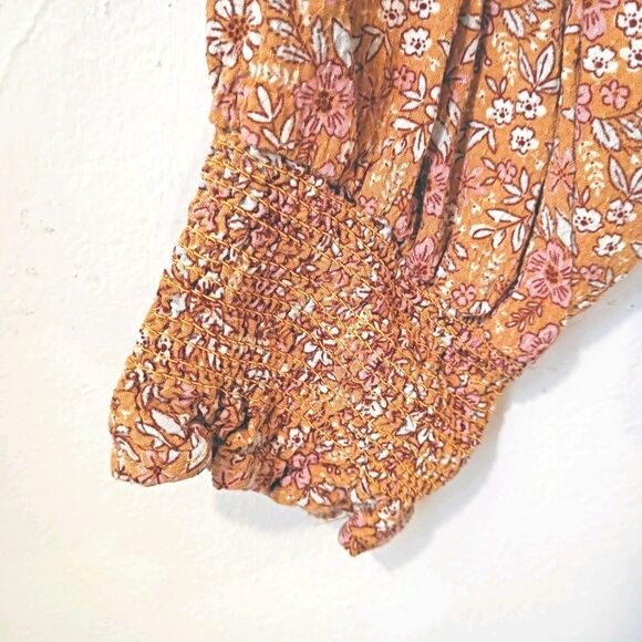 Peasant Milkmaid Top Long Ruffle Sleeve Smocked Size S* Peach Pink Ditsy Floral - Picture 5 of 8